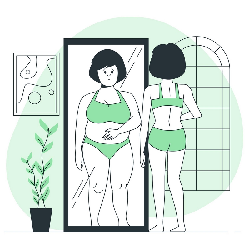 Ilustración en la que una mujer se mira al espejo y se ve gorda, uno de los síntomas de la anorexia
