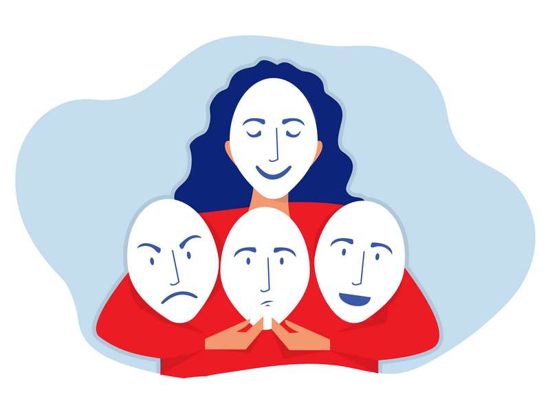Ilustración de mujer con varias caretas con caras y expresiones diferentes